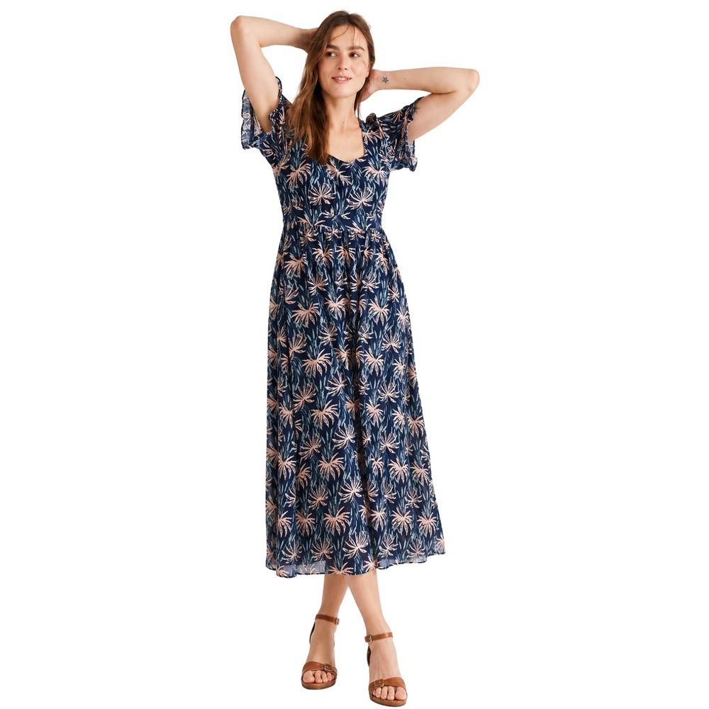 Madewell Dress Womens Medium Blue Palm Print Square Neck Flutter Sleeve Midi